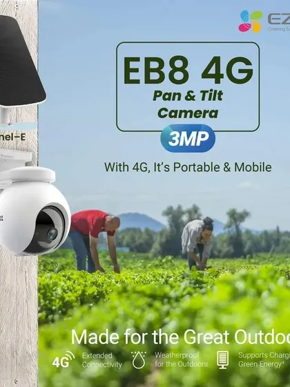 For farms, construction sites, or any area without a power source, I install solar-powered cameras like this EZVIZ 4G model. It's weatherproof and runs on its own, giving you security anywhere.