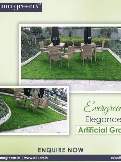 My artificial grass provides an elegant and practical solution for hospitality spaces like cafes and restaurants. This outdoor seating area is always green and inviting for customers, without the mess of mud or the need for constant gardening.