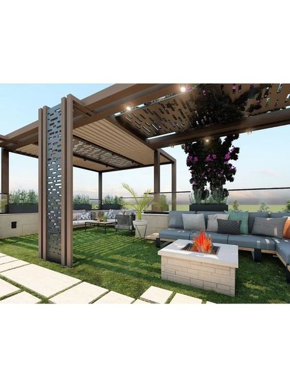 This view highlights the cozy fire pit on the rooftop, surrounded by L-shaped seating. It’s an ideal feature for enjoying cooler evenings outdoors.