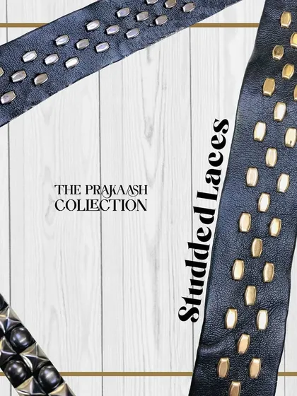 An assortment of modern studded laces on a black base, featuring silver, gold, and gunmetal studs in different shapes. These edgy trims are designed to elevate western wear like jackets, jeans, and accessories.