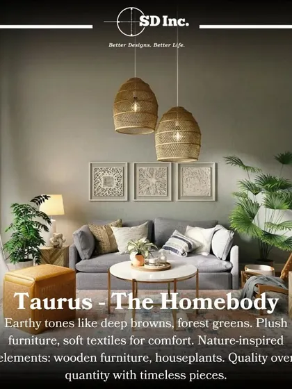 Zodiac interiors for Taurus, the homebody. Earthy tones, plush furniture, and nature-inspired elements like houseplants and wooden furniture.
