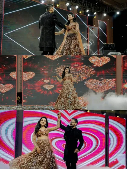 A collage of Neha and Vivek's stunning Sangeet performance. The large LED screen backdrop and stage effects show how I capture the grandeur and choreography of your special dance.