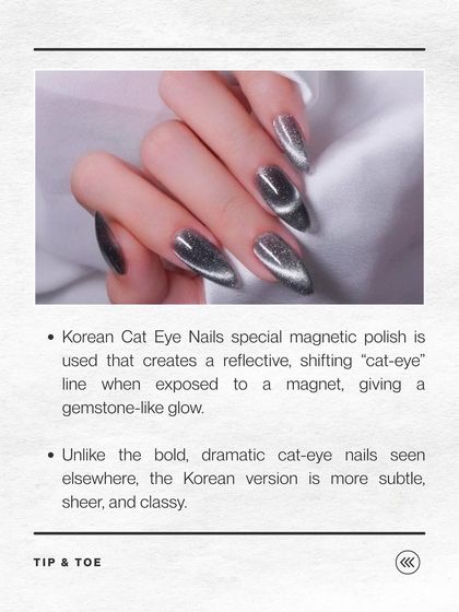 A closer look at Korean Cat Eye Nails. This version is more subtle and sheer than dramatic cat-eye styles, offering a classy, reflective glow.