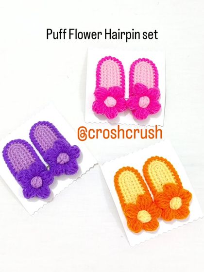 Puff flower hairpin sets in bright pink, purple, and orange combinations.