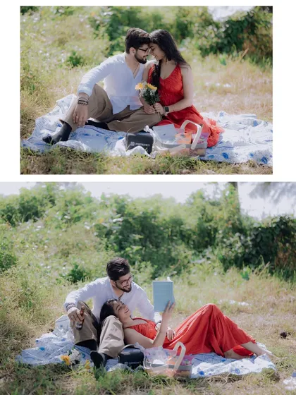 A simple picnic can be the most romantic setting. This series shows how a casual, relaxed theme allows for natural interactions, from sharing a quiet moment with a book to gentle, loving gestures in a sunlit field.