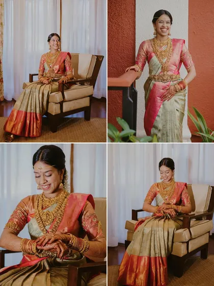 A collage of a smiling South Indian bride in a traditional saree, posing elegantly in a chair and standing, showcasing her complete bridal look.
