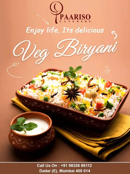 Enjoy life, it's delicious. Our Veg Biryani is a fragrant and flavorful one-pot rice dish, layered with mixed vegetables and aromatic spices, served with a side of cool raita.