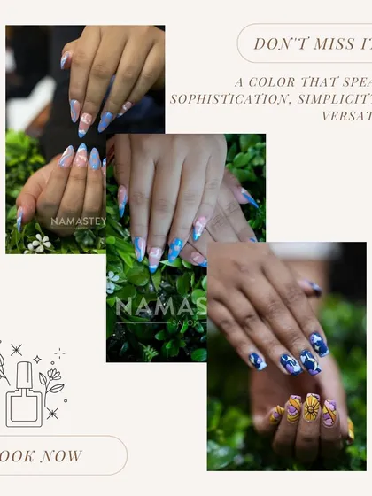 A collage showcasing the variety of nail art I offer. From intricate patterns to bold colors, there's a design for every mood and style.