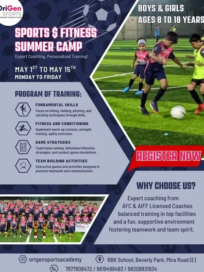 Join our local Sports & Fitness Summer Camp in Mira Road. This 15-day program for boys and girls aged 8 to 18 focuses on fundamental skills, fitness conditioning, and team building, all led by our certified coaches.