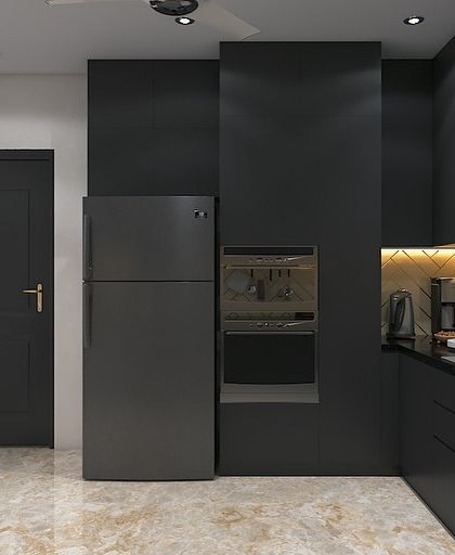 The appliance garage in the dark kitchen concept. The integrated refrigerator and oven are flush with the cabinetry, maintaining the minimalist and seamless design.