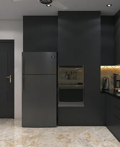 The appliance garage in the dark kitchen concept. The integrated refrigerator and oven are flush with the cabinetry, maintaining the minimalist and seamless design.