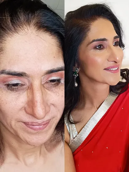 The perfect "lady in red" transformation. This makeover focused on creating a luminous, even skin tone and adding a touch of glam to the eyes, letting her natural beauty shine.
