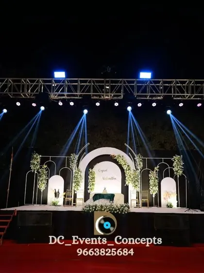 A wide shot of the wedding stage with its full truss and lighting rig. This perspective shows how we build a complete production environment for large-scale events.