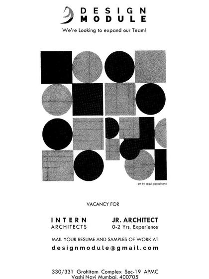 A black and white, geometric ad from Design Module Architects in Navi Mumbai for Interns and Junior Architects.