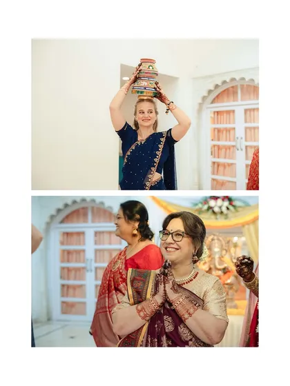 Family members from the bride's American family embracing Indian traditions, like carrying the 'kalash', during this beautiful multicultural wedding.