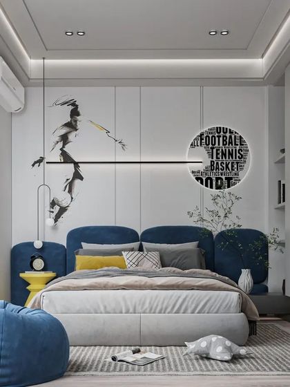 A sports-themed bedroom with a custom headboard and a cool, graphic wall art feature. The design is modern, energetic, and perfect for an active child.