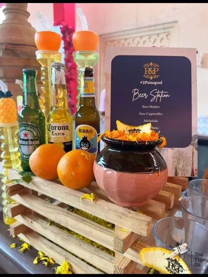 Our custom Beer Station, perfect for a relaxed mehndi or sundowner. We offer a selection of popular beers like Corona and Bira, along with ingredients for beer cocktails like a Beer Mojito or Michelada.