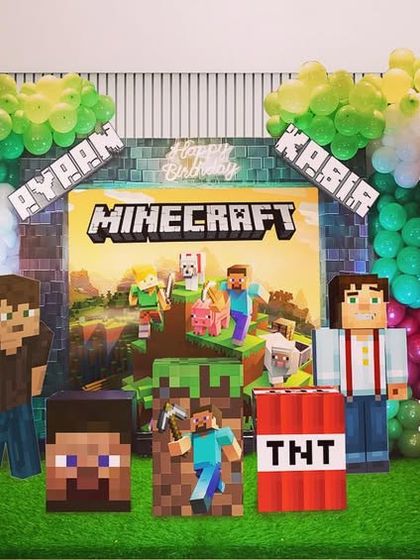 A design concept for a Minecraft-themed party. This shows how I can create a blocky, pixelated world with character cutouts like Steve and Alex, TNT props, and custom marquee numbers for the birthday kids.