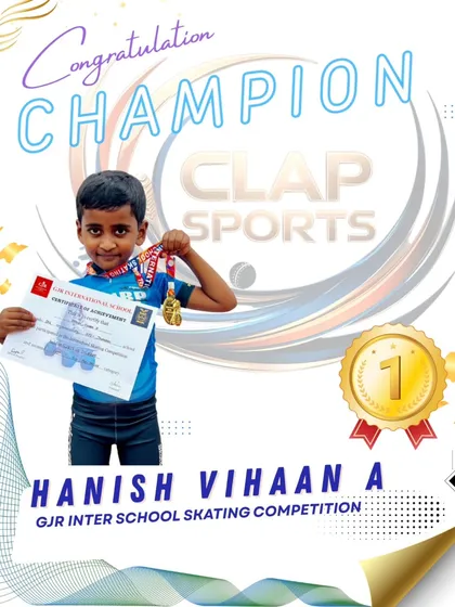 We celebrate every win. Here's our young champion, Hanish Vihaan, proudly showing off his gold medal and certificate from the GJR Inter-School Skating Competition.
