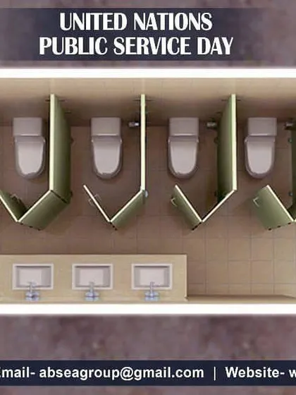 A 3D render of a public toilet block created from a single container. The layout is designed for high traffic, with multiple stalls and a shared wash basin area, promoting public hygiene.