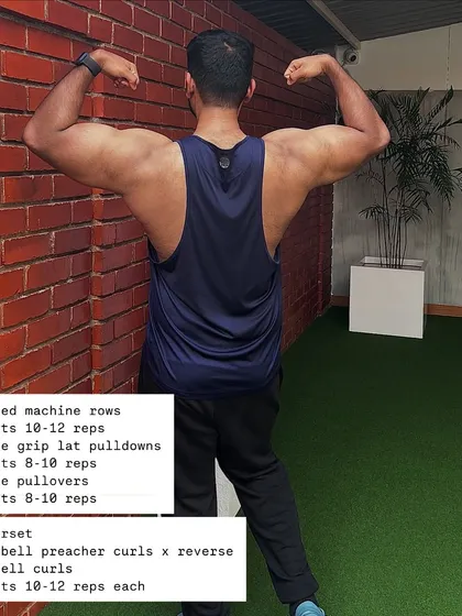 Here's the pull day portion of my workout, targeting the back and biceps with exercises like seated rows, lat pulldowns, and different types of curls.