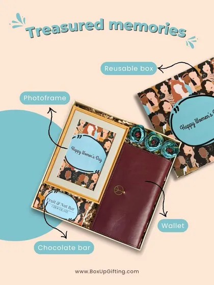 The 'Treasured Memories' hamper for Women's Day, featuring a reusable box, a wallet, a photo frame, and a chocolate bar.