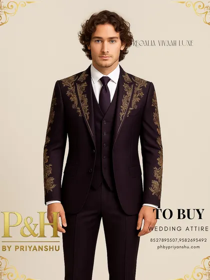 This three-piece suit in a rich, dark purple is my interpretation of a modern classic for receptions and grand evening events. I used premium Italian fabric for a sharp, tailored fit and adorned the lapels and sleeves with opulent golden hand-embroidery for a touch of regal drama.