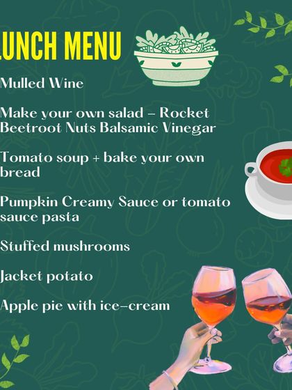The menu for our Republic Day event, including make-your-own-salad, pumpkin pasta, and a delicious apple pie with ice cream to finish.
