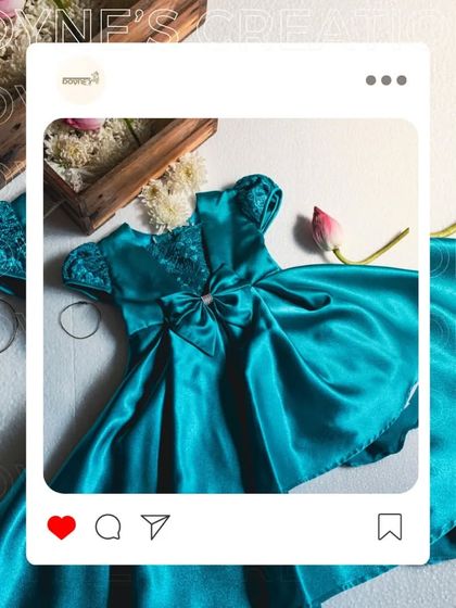 A social media graphic showcasing my elegant teal satin dress, a perfect example of the whimsical and wonderful world of Doyne's Creations.