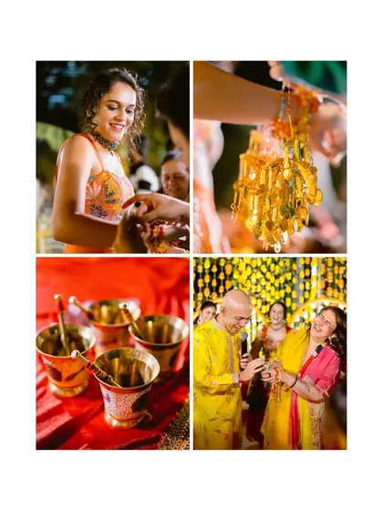 A collage of moments from a Haldi ceremony, showing the traditional rituals and joyful interactions.