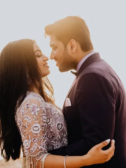 A golden hour portrait celebrating one year of marriage. The love and connection are as bright as ever.