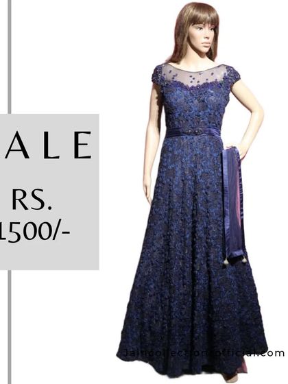 A gorgeous navy blue embellished gown, perfect for a reception, is on sale for Rs. 1500.