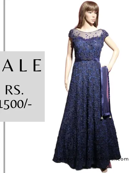 A gorgeous navy blue embellished gown, perfect for a reception, is on sale for Rs. 1500.