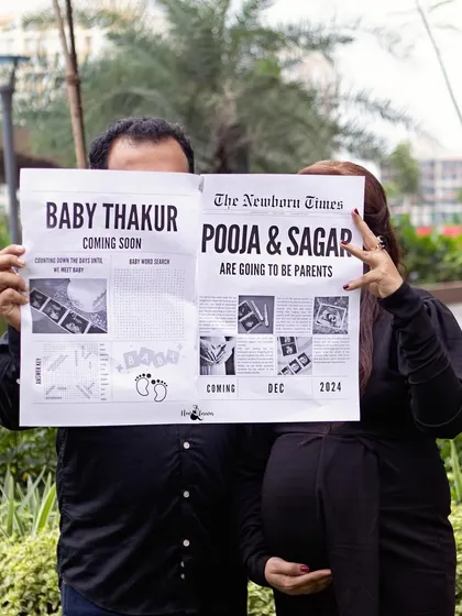 Let's get creative with your big news. I love helping couples design unique pregnancy announcements, like this custom "Newborn Times" newspaper. It’s a fun, memorable way to share your joy with the world.