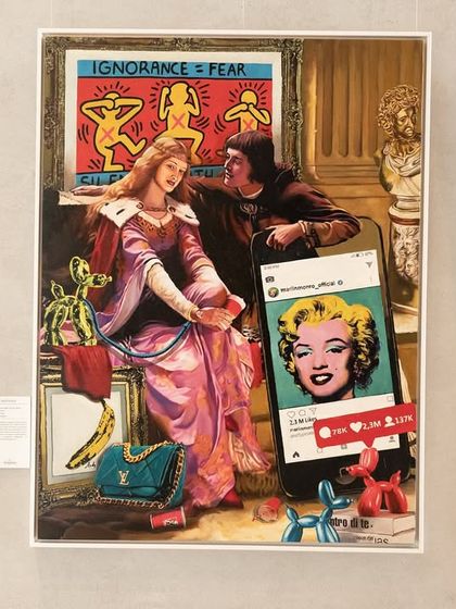 A closer view of one panel from the "Renaissance Reimagined" diptych, featuring an Instagram-style portrait of Marilyn Monroe.