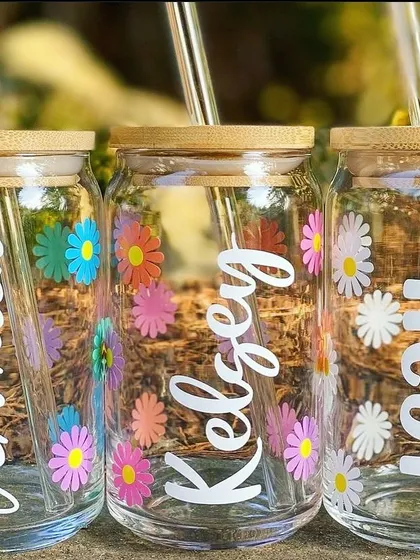 Our borosilicate glass tumblers are perfect for summer. We can decorate them with fun floral designs and personalise them with your name.