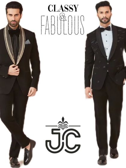 Classy and fabulous. This image shows two of our popular tuxedo styles, one with a traditional bow tie and another with a more modern embellished lapel.