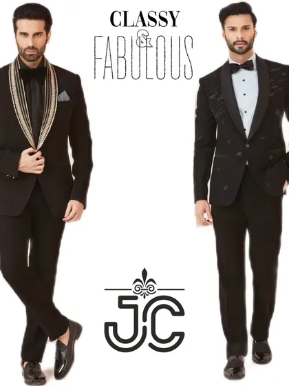 Classy and fabulous. This image shows two of our popular tuxedo styles, one with a traditional bow tie and another with a more modern embellished lapel.