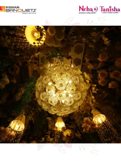 It's all in the details. At Mohan Banquets, we use exquisite decor elements like this ornate crystal chandelier to create a magical and luxurious atmosphere for your special day.