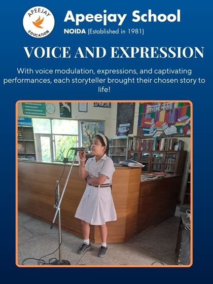 Our story narration activity encourages students to bring literature to life. Here, a Class VII student captivates her audience with expressive voice modulation and a captivating performance, demonstrating her public speaking skills.