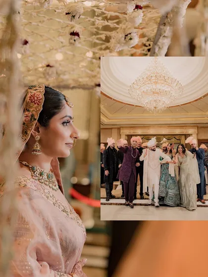 A collage celebrating the family's role in the wedding, from the bride's serene portrait to the joyful family celebrations.