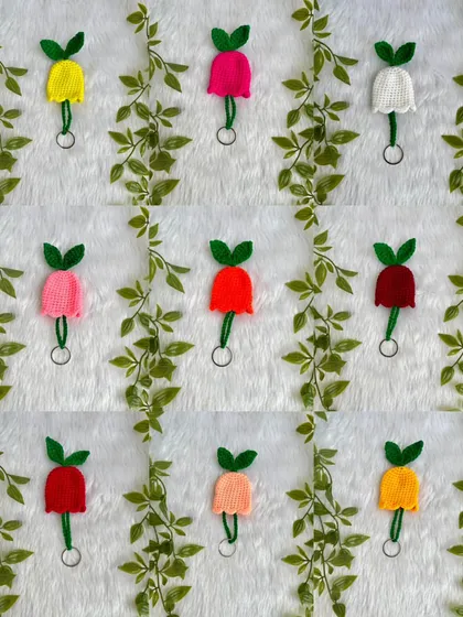 A grid showing the variety of colors available for my tulip keychains. Each one is handmade with care.