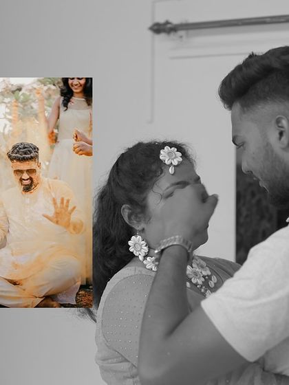 A collage that captures the playful interactions and candid moments between family members during a Haldi.