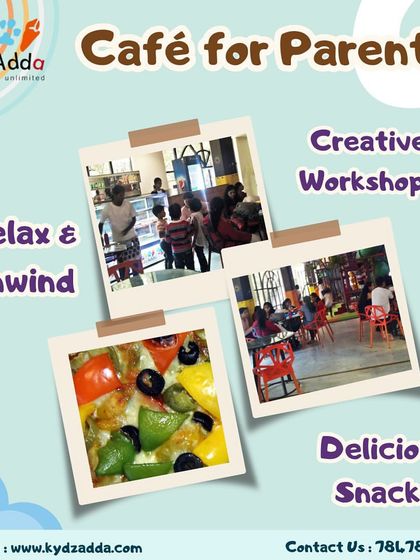 A graphic highlighting our cafe for parents, where they can relax and enjoy delicious snacks while their children participate in workshops or play.