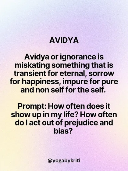 Avidya, or ignorance, is the first Klesha. It is the fundamental misunderstanding of mistaking the transient for the eternal and the non-self for the Self.