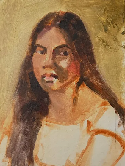 The block-in stage for Simran's portrait, where I've established the main shapes and values. Even though it was her first time modeling, she posed with incredible ease.