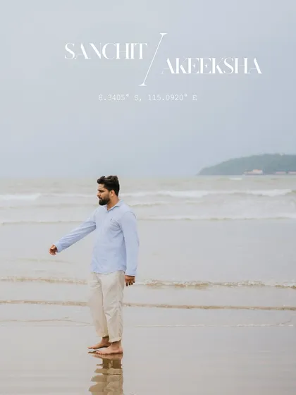 A solo shot of the groom on the beach in Goa, looking out at the waves. The mood is calm and contemplative.