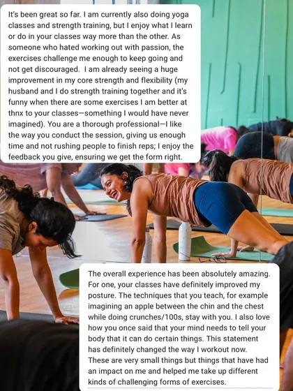 Nothing makes me happier than hearing about your progress. These testimonials highlight what my classes are all about: improving core strength and flexibility, learning to connect your mind to your body, and finding a workout that challenges you in a supportive, judgment-free environment.