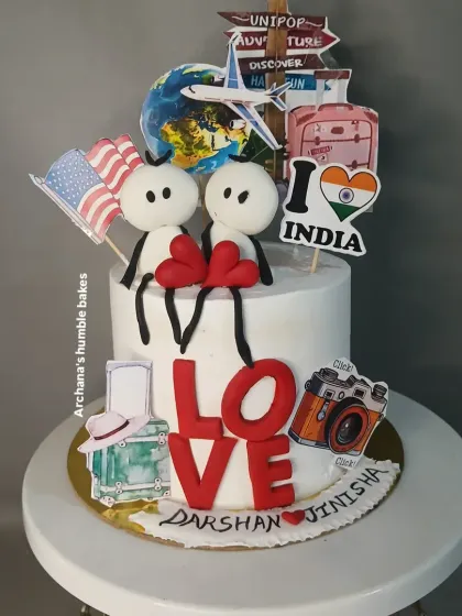 A travel-themed cake for a couple who loves adventure. It features stick-figure toppers, flags, and travel icons.