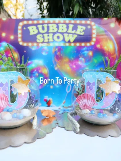 Themed table decor for our underwater party, which also featured a fun bubble show for the kids.